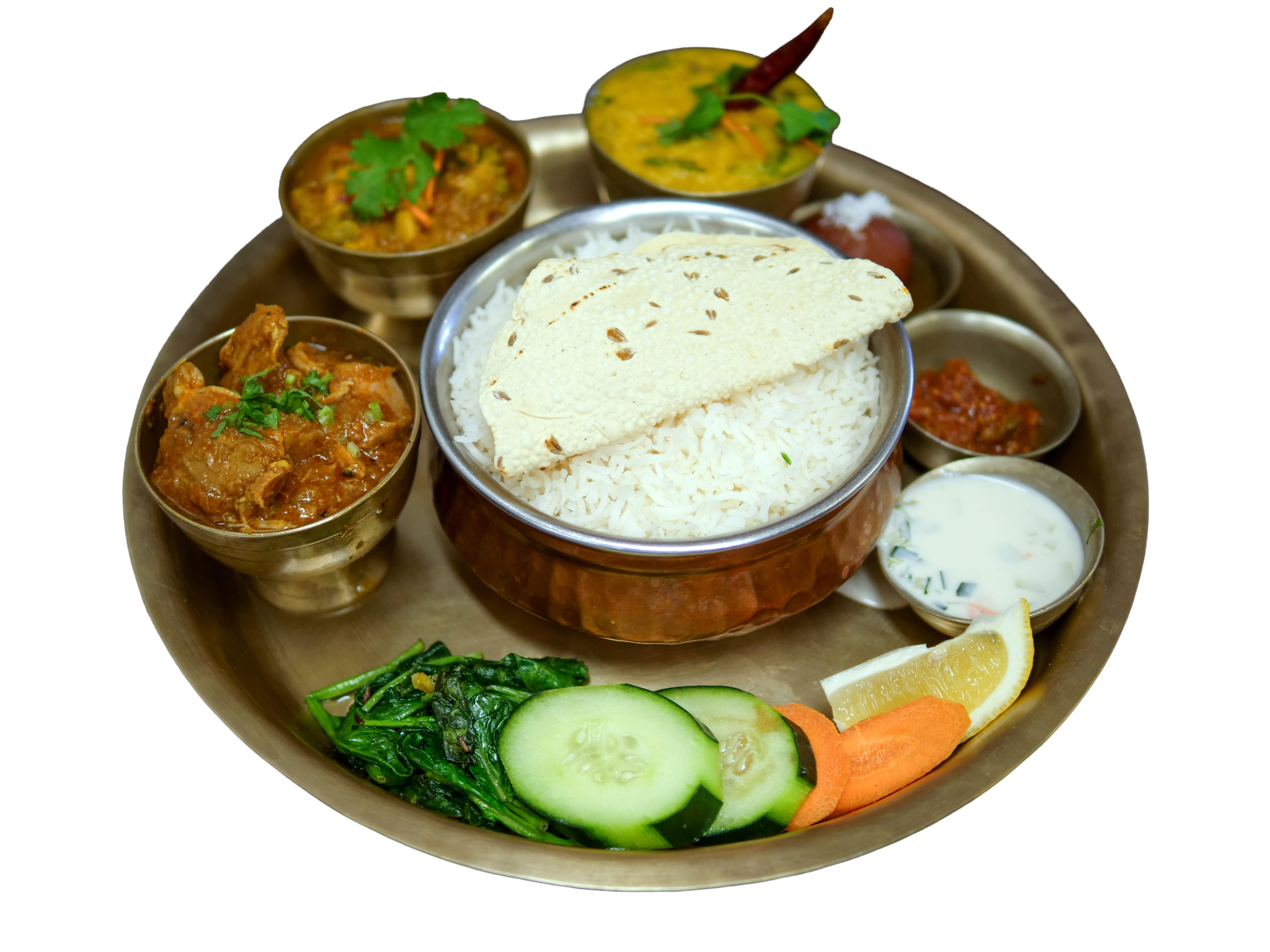 Nepali thali platter with rice, dal, curry and salad